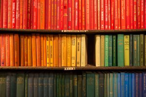 Bookshelves with books.