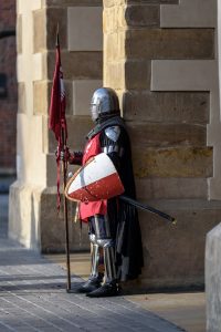 a man wearing a medieval suit and shield