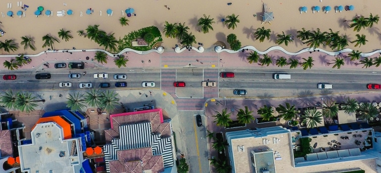 Aerial photo of buildings by the beach