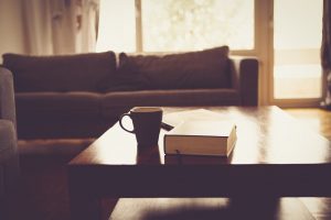 a table with coffee mug on it