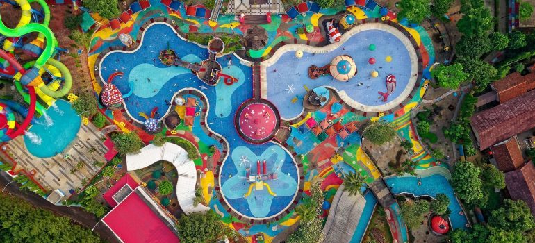 A birds eye view of a water park