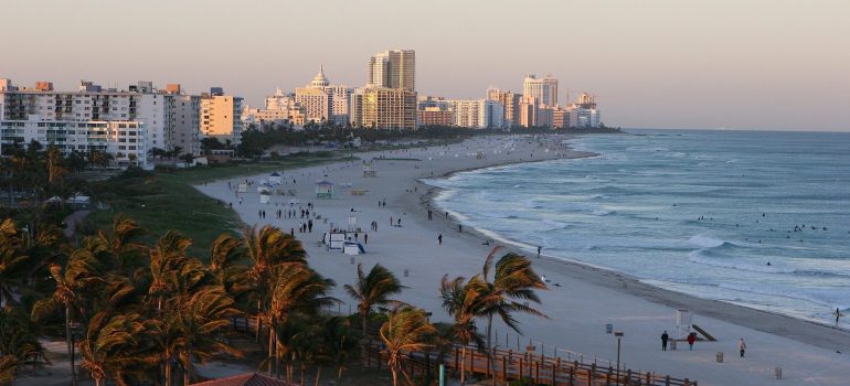 Ocean, beach with people walking, palms and buildings during the sunset at Miami Beach.