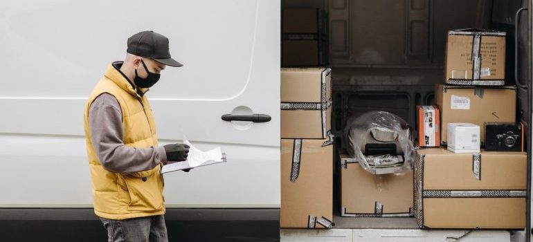 A mover next to a van with a checklist 