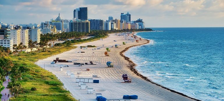 view of the beach and the city