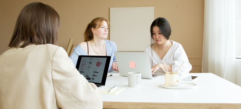 A team of employees planning together