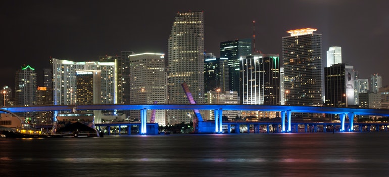 A picture of Miami skyline during the night.
