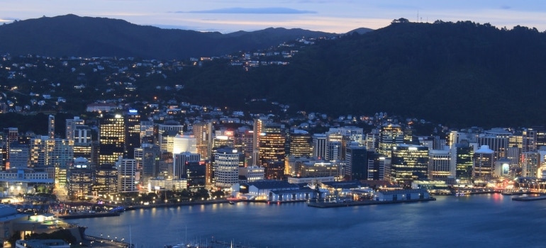 City Skyline Near Body of Water during Night Time