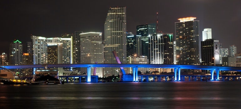 Miami skyscrapers during night;