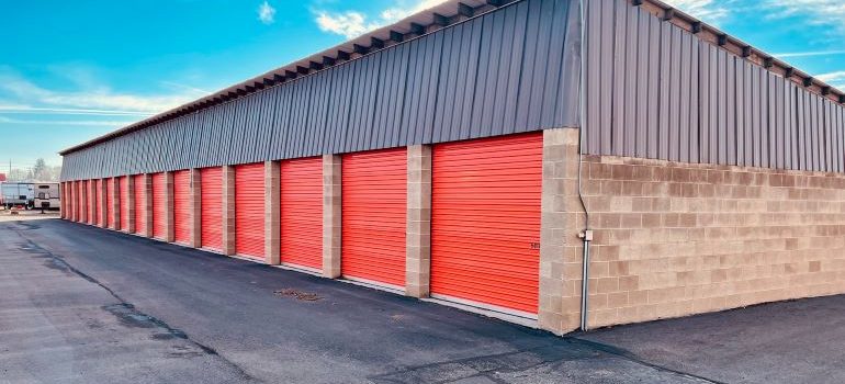 Storage units with red doors.