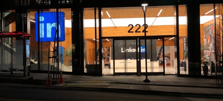 A blue and white store signage.