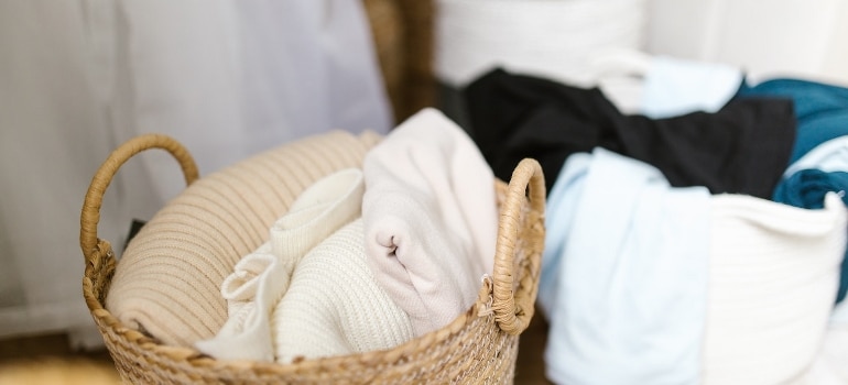 Clothing inside woven baskets