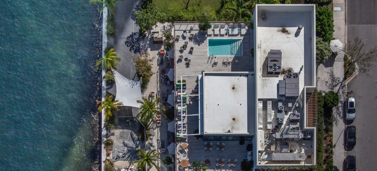 Aerial view of building near the body of water