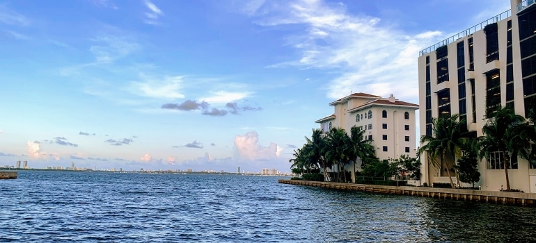 Concrete buildings along the water