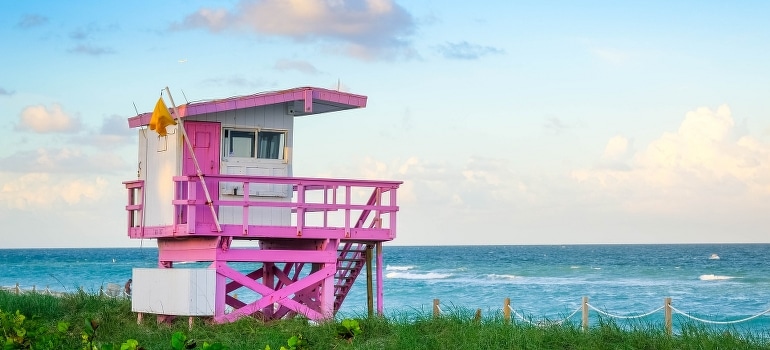 A pink lifeguard stand, Miami Beach