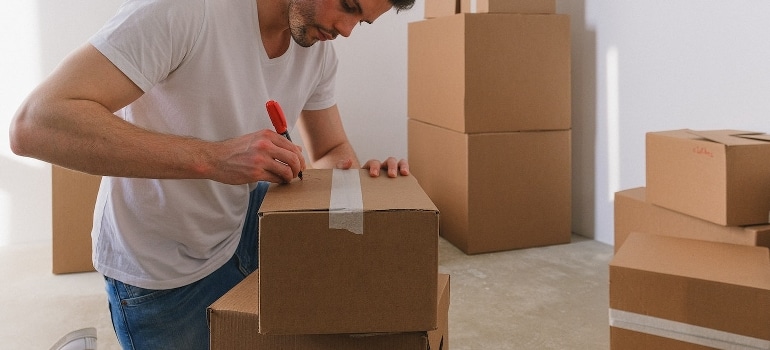A man is writing a label on the box. 