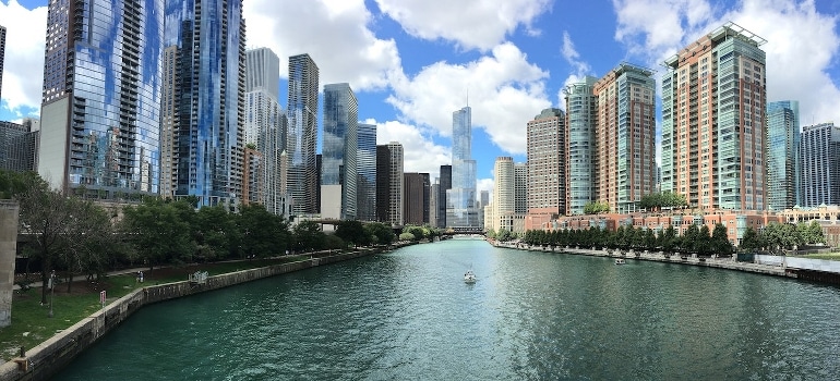 A city river surrounded by buildings