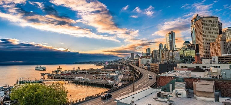 Sunset sky above Seattle streets