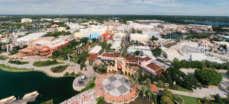 Aerial view of buildings in Universal Orlando Resort