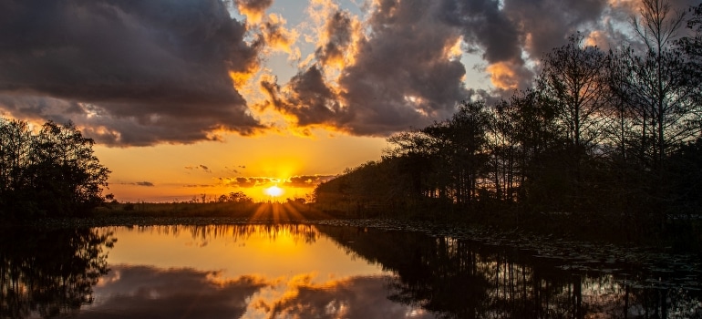 The sun is setting over a lake surrounded by trees